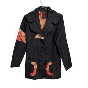 Vintage YO! Japan Button Down Denim Coat MED Blue Red Cotton Y2K